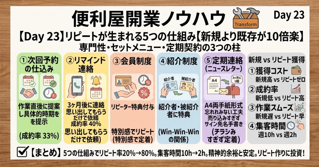 Day 23】リピートが生まれる5つの仕組み【新規より既存が10倍楽