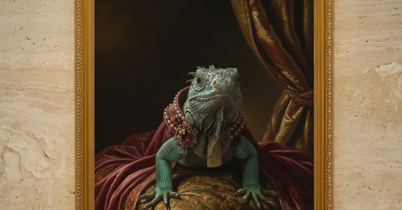 Renaissance portrait framed print of a Blue Iguana is now