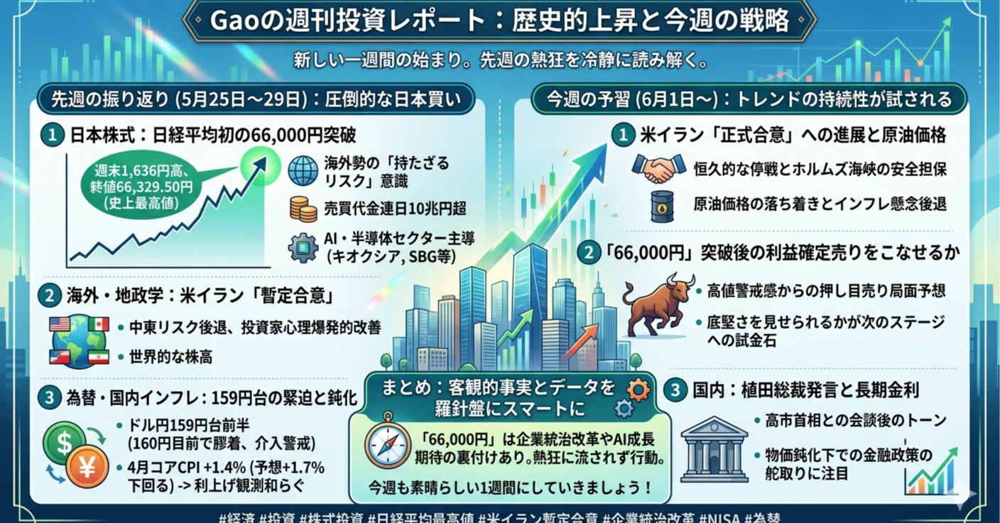 週刊経済まとめ】日経平均「6万6000円」の金字塔と中東協議の進展（5月 