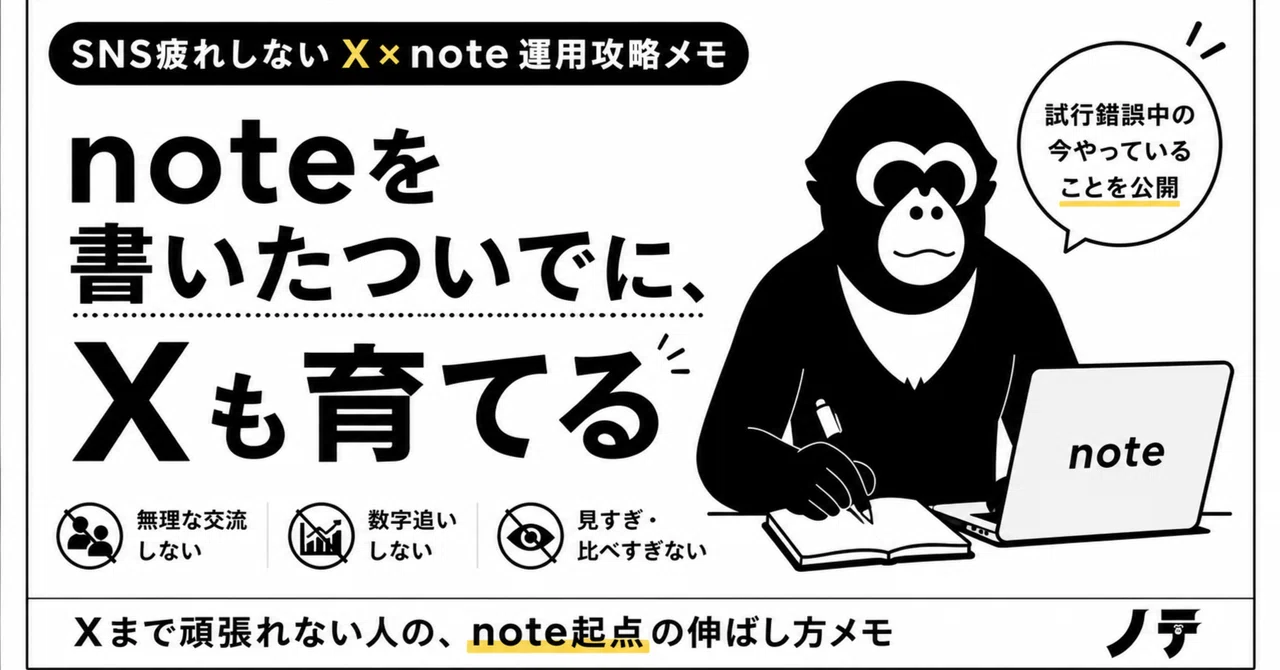 SNS疲れしないX×note運用攻略メモ｜noteを書いたついでにXも育てるために今やっていること｜ノテ│最速でnoteを伸ばす手長猿