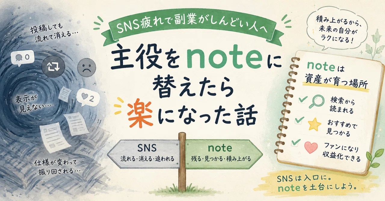 SNS疲れで副業がしんどい人へ。主役をnoteに替えたら楽になった話｜なぎ｜経験を毎月の収入に変える
