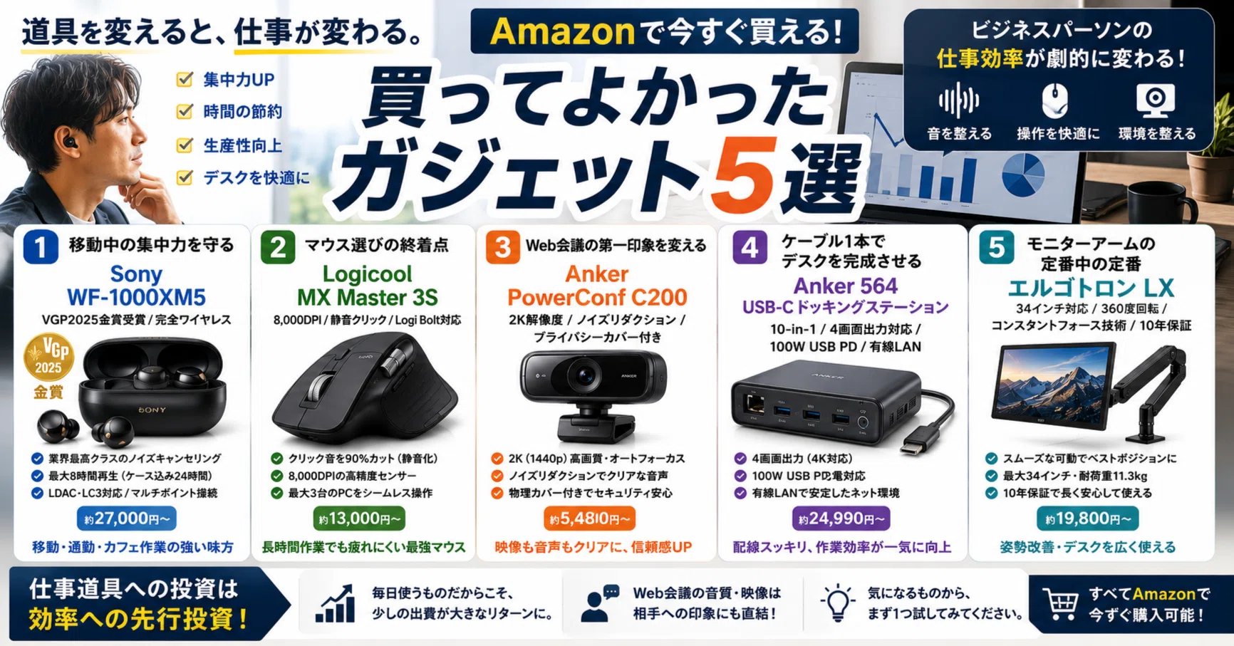 仕事の質が上がった。Amazonで買えるビジネスガジェット 厳選5選【2026