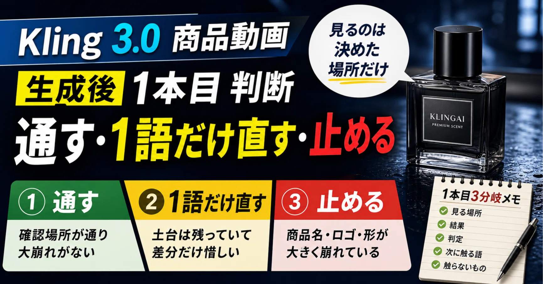 Kling 3.0 商品動画 生成後 1本目 判断｜通す・1語だけ直す・止める 