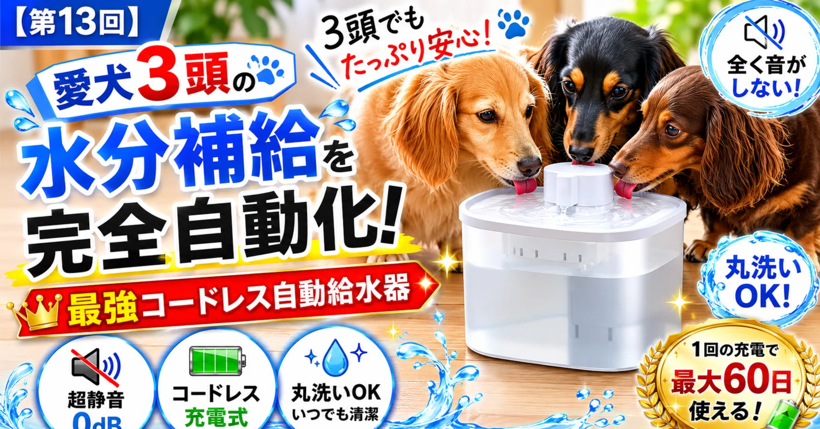 第13回] 愛犬3頭の水分補給を完全自動化！全く音がしない＆丸洗いOKの