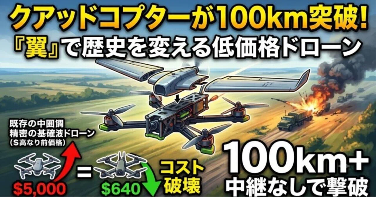 技術革新】100km先を撃ち抜く「翼を持ったクアッドコプター」——低
