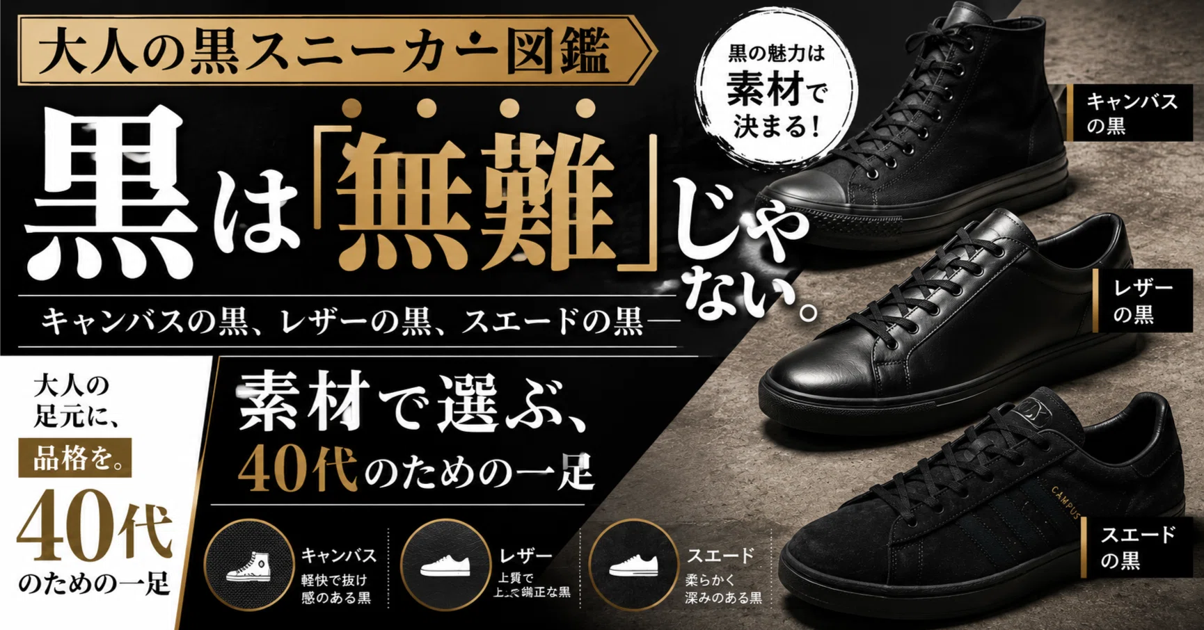 大人の黒スニーカー図鑑】黒は「無難」じゃない。キャンバスの黒 