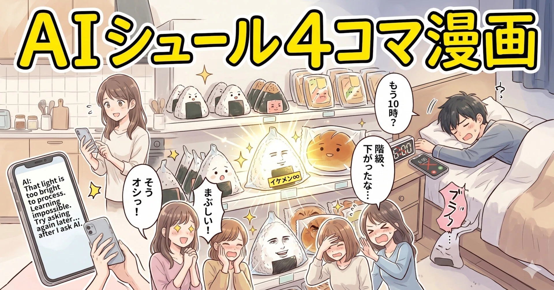 AIシュール4コマ漫画／イケメン・AIに聞いてみる・アラーム・コンビニ