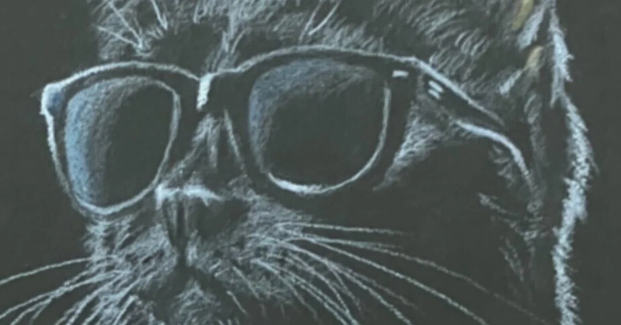 黒厚紙に白色鉛筆で描きました #4/サングラスの黒猫｜Ijin（維人）