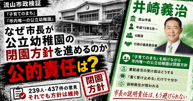 「子育てのまち」の看板を掲げながら、流山市 唯一の公立幼稚園を閉じるのか?井崎義治/井崎市長に問われる公的責任 のnoteアイキャッチ画像