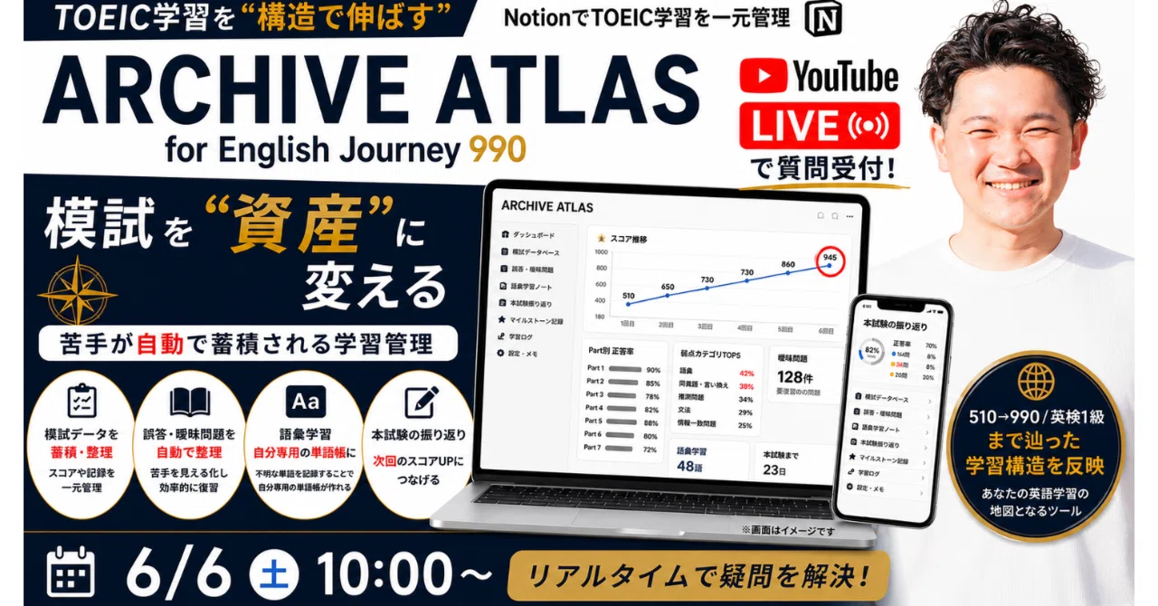 告知】6/6(土) YouTube LIVE｜解いたTOEIC模試を最大限活かす学習管理
