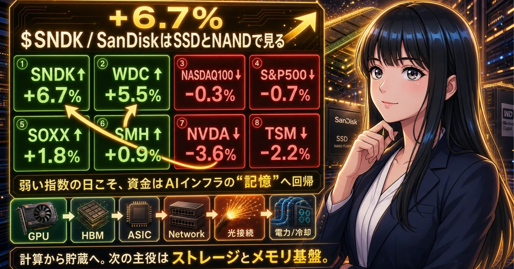 SNDK+6.7%・WDC+5.5%】NVIDIA安の日に買われたAIメモリ株、GPUだけ見