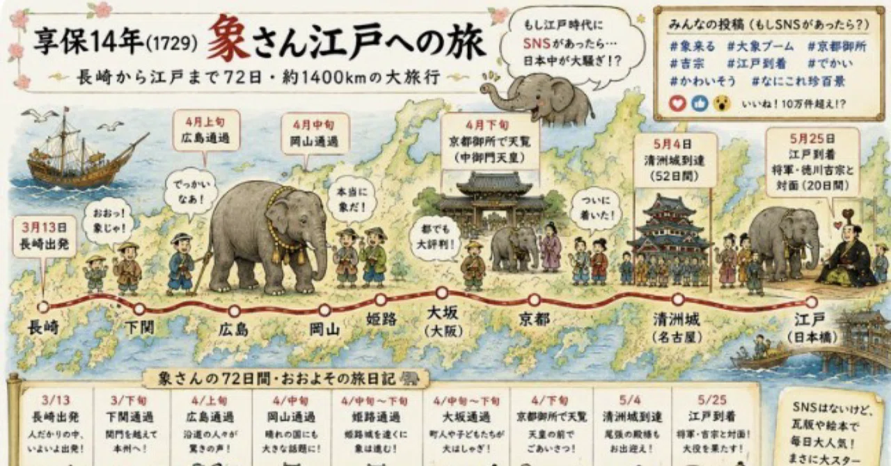 享保14年（1729） 象さん江戸への大旅行～長崎から江戸まで72日・約