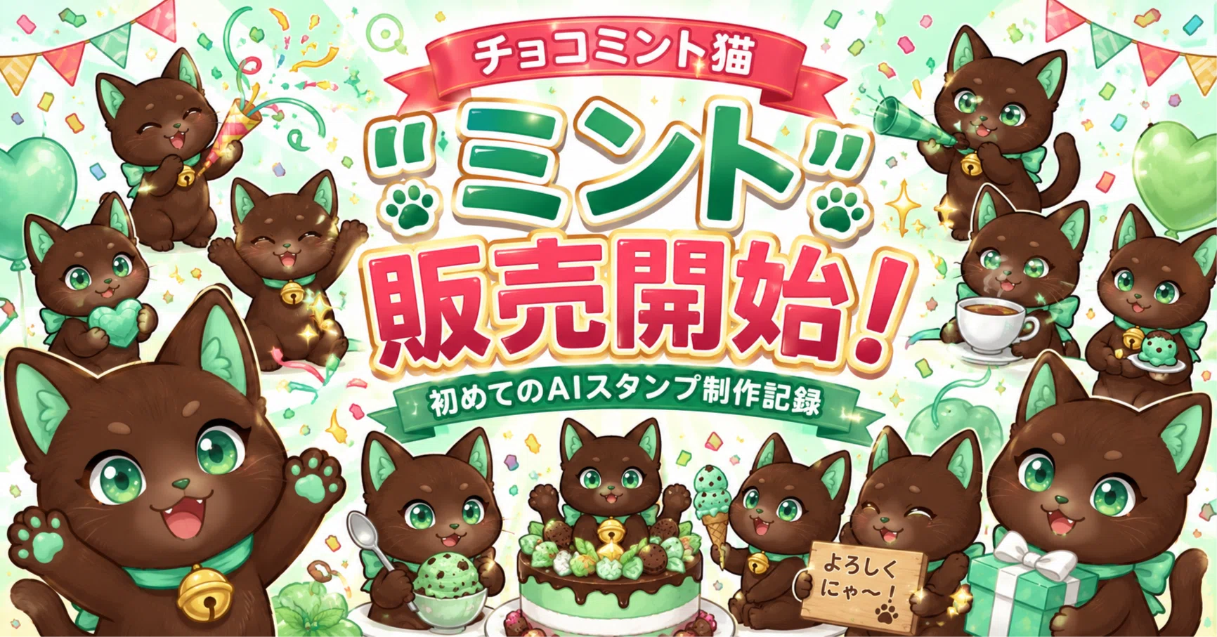 チョコミント猫「ミント」販売開始！初めてのAIスタンプ制作記録｜ヤザワ屋