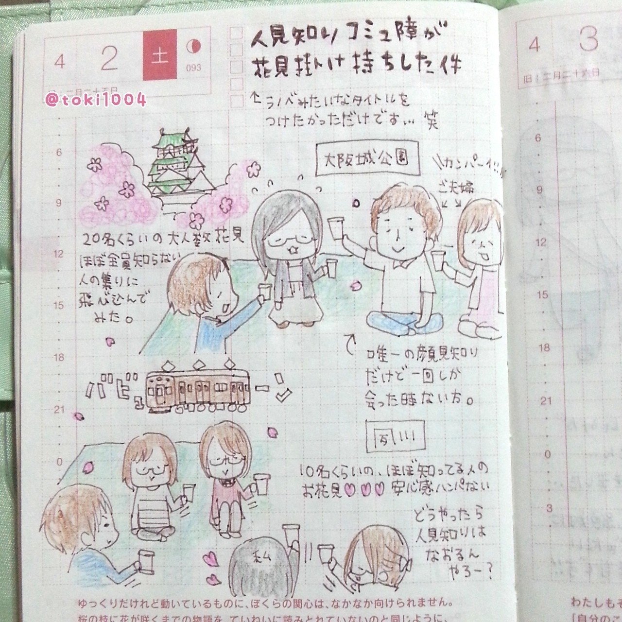 人見知りのコミュ障が 花見掛け持ちした件 ほぼ日手帳 ほぼ日 手帳 コミックエッセイ 絵日記 えにっき 絵 イラスト エッセイ 手描き イラスト基地 イラストの森 お花見 イラストレーターとき Note
