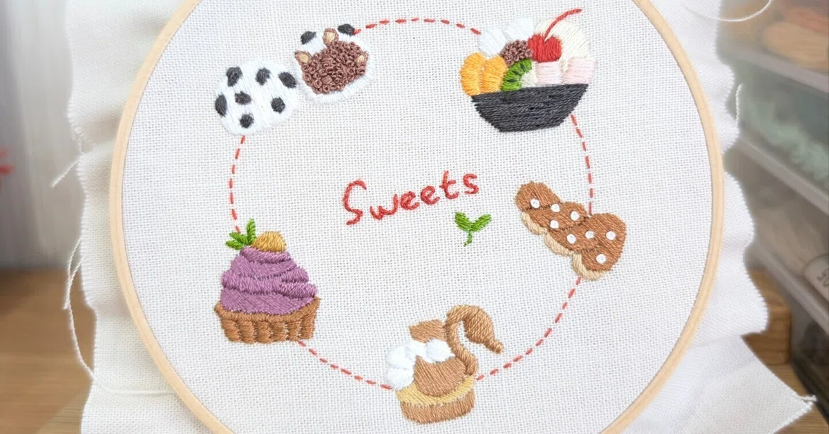 販売】しりとり刺繍図案「SWEETS」｜5つのスイーツをつなぐ刺繍図案