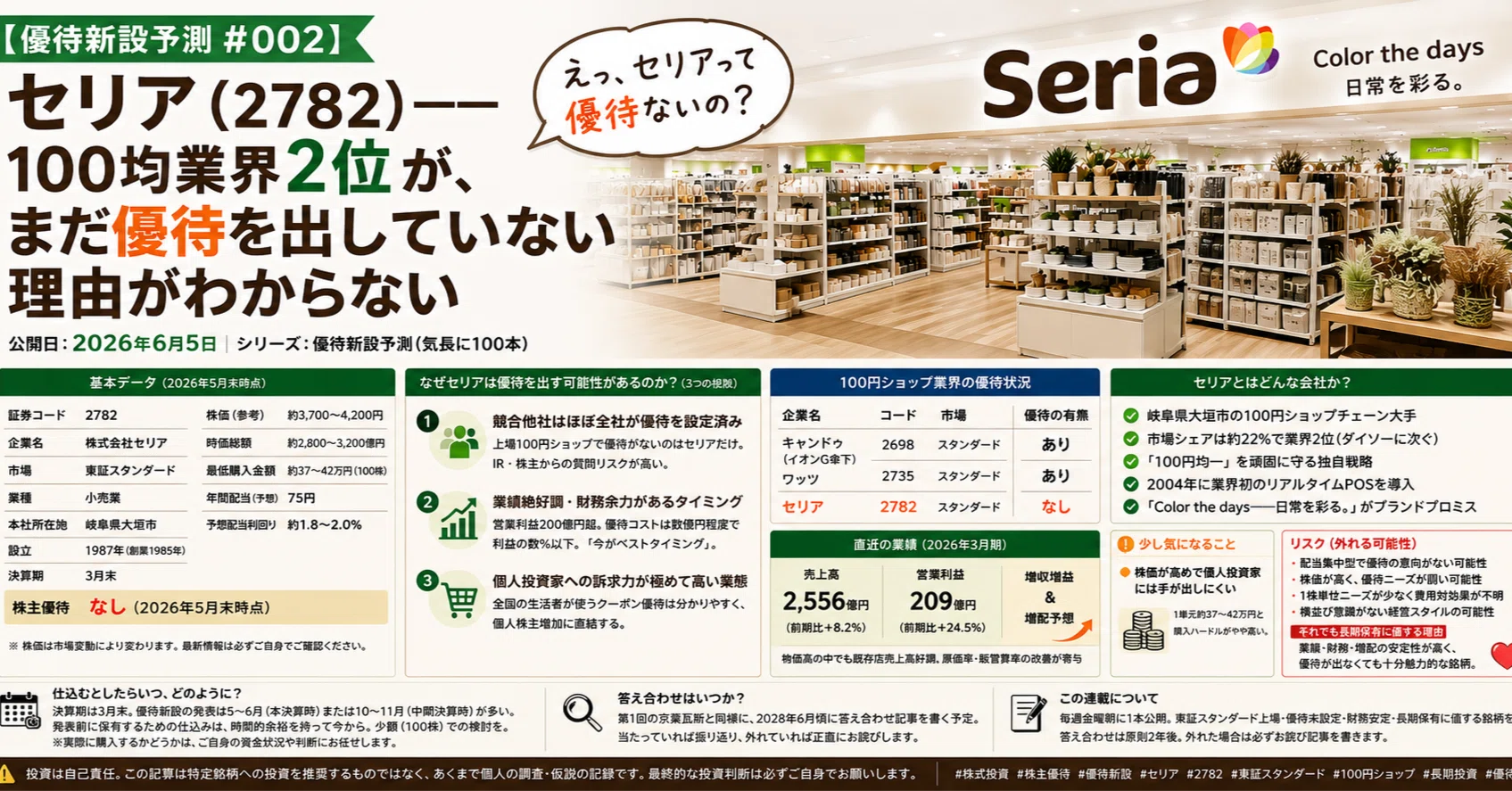 優待新設予測 #002】セリア（2782）——100均業界2位が、まだ優待を出し