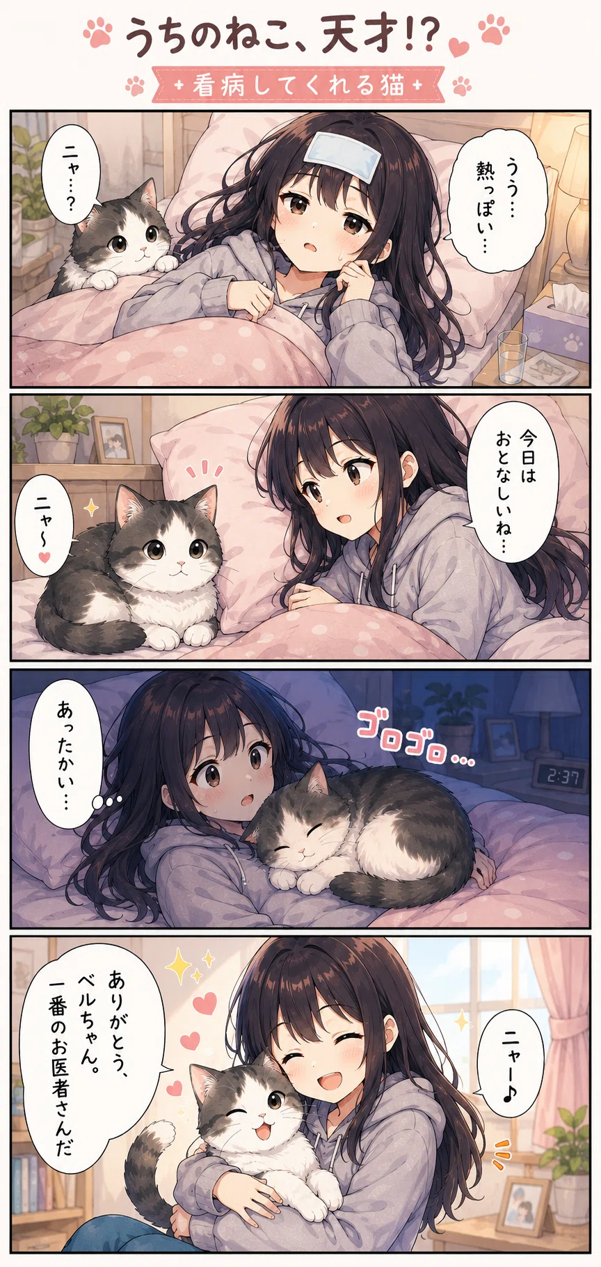 4コマ漫画「うちのねこ、天才!?」第106〜108話：看病してくれる猫