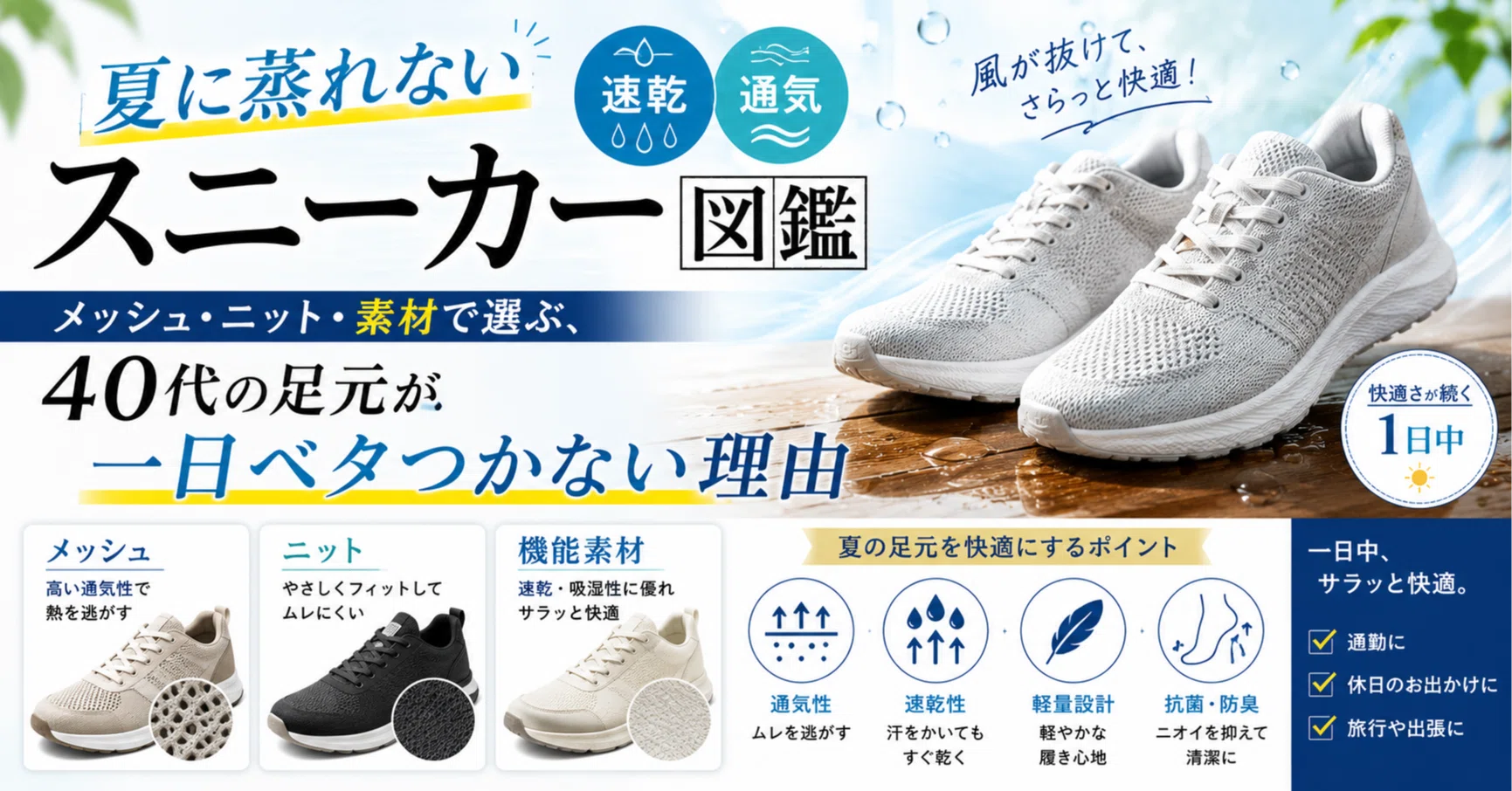 夏に蒸れない「速乾・通気」スニーカー図鑑——メッシュ・ニット・素材で 