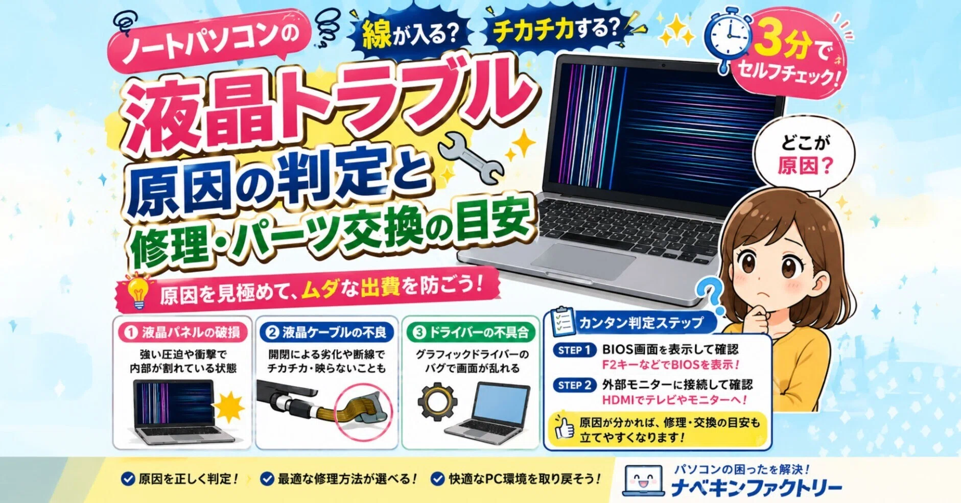ノートパソコンの液晶画面に線が入る・チカチカする？故障の判定方法と