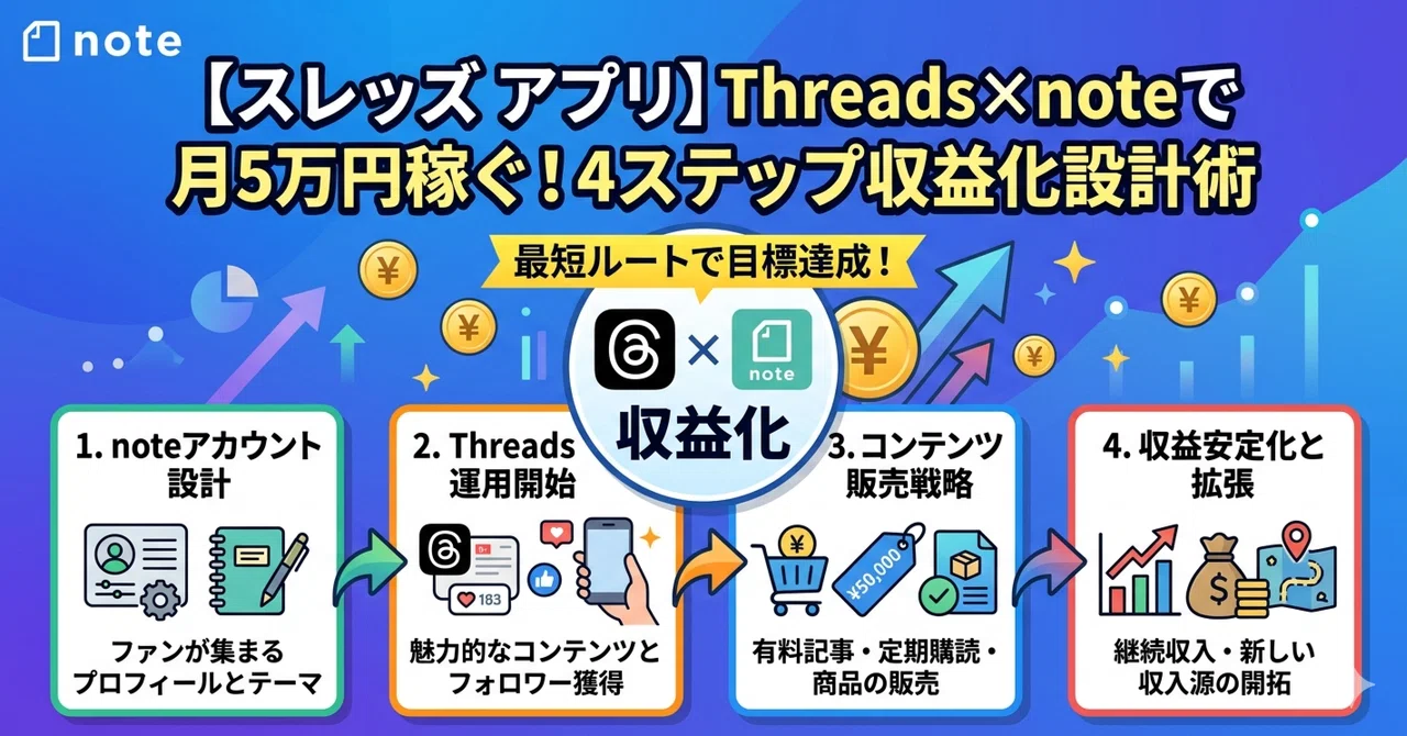 【スレッズ アプリ】Threads×noteで月5万円稼ぐ！4ステップ収益化設計術｜【図解】60代からのAI副業マニュアル｜68歳の実践記