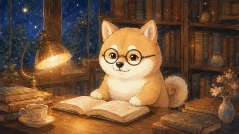 夜の書斎からあいさつする赤柴の画像