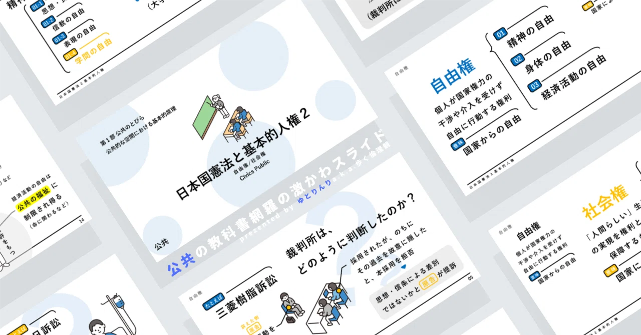 【公共のスライド】「日本国憲法と基本的人権2(自由権・社会権)」の授業を楽しむための、授業パワポ【指導案】|ゆとりんり