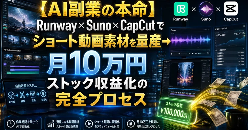 【AI副業の本命】Runway×Suno×CapCutでショート動画素材を量産→月10万円ストック収益化の完全プロセス