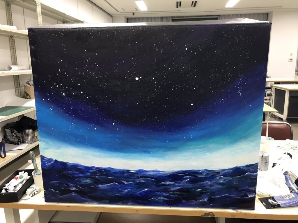 💙絵の具で、大きく空と海を描いてみたよ!!💙｜🍰いお🍰お絵描き🌸🌸