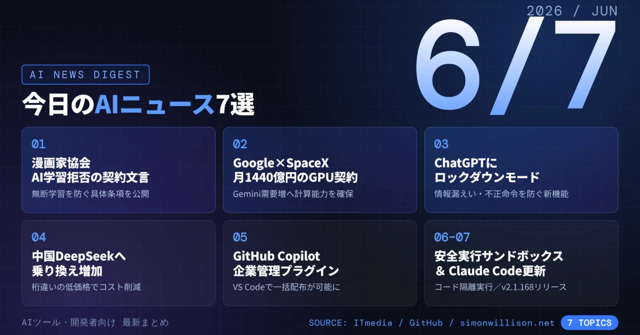 AIニュース6/7】漫画家協会がAI学習拒否の契約文言公開、Googleが