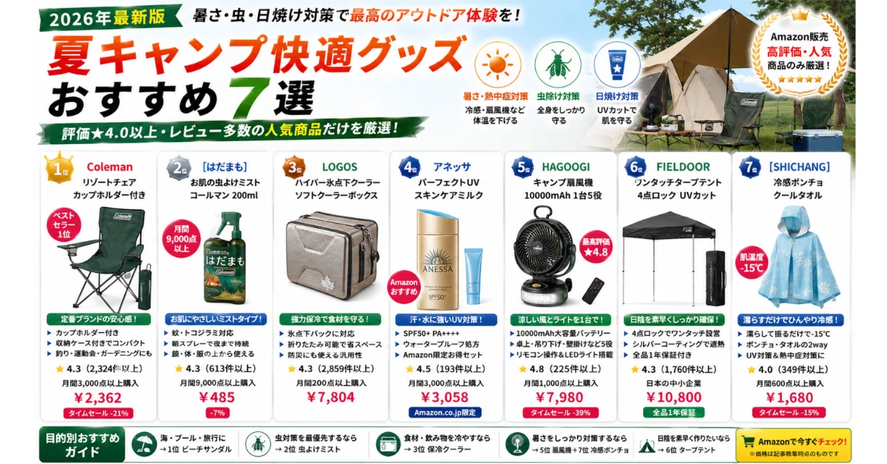 夏キャンプ快適グッズおすすめ7選【2026年・暑さ対策・必需品まとめ