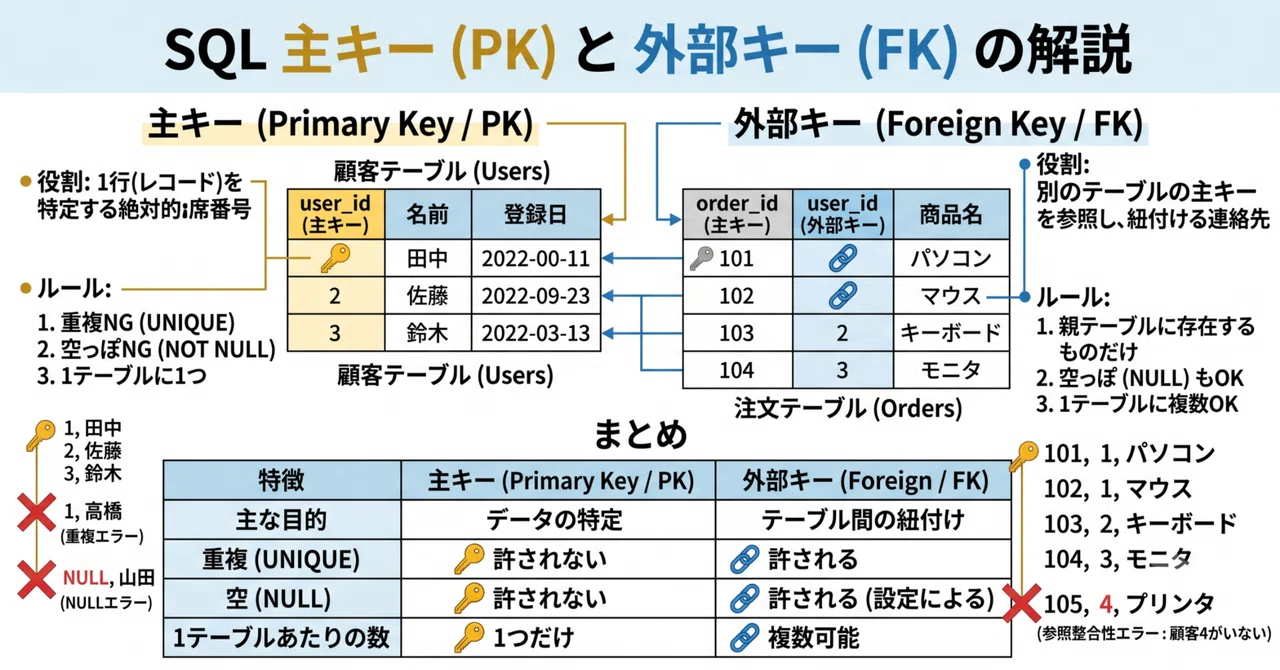 What is the difference between a primary key and a foreign key?|たかだん2