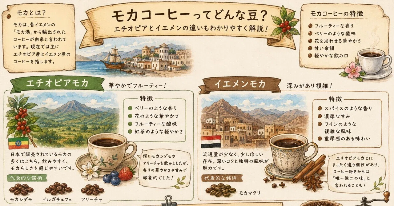 モカコーヒーってどんな豆？エチオピアとイエメンの違いもわかりやすく