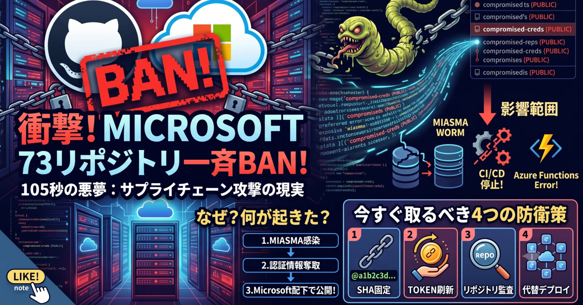 セキュリティ速報】GitHubでMicrosoft公式リポジトリ73個が105秒で一斉