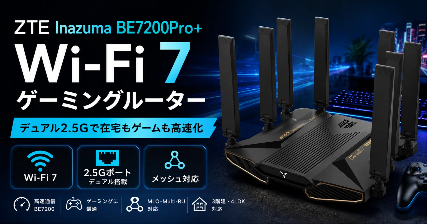 ZTE Inazuma BE7200Pro+レビュー・口コミ評判と特徴｜デュアル2.5G×Wi