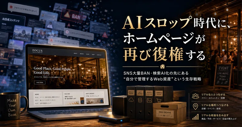 AIスロップの時代に、ホームページが再び復権する｜SNS大量BAN・広告収入低下・検索AI化の先にある「自分で管理するWeb資産」という生存戦略