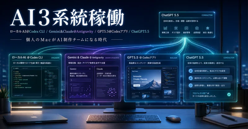 AIを一つ選ぶ時代から、三系統で同時稼働させる時代へ｜ローカルAI@Codex CLI、Gemini&Claude@Antigravity、GPT5.5@Codexアプリ、そしてChatGPT5.5という制作体制