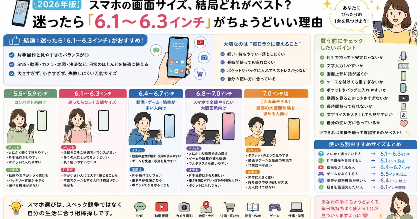 ??【2026年版】スマホの画面サイズ、結局どれがベスト？迷ったら 