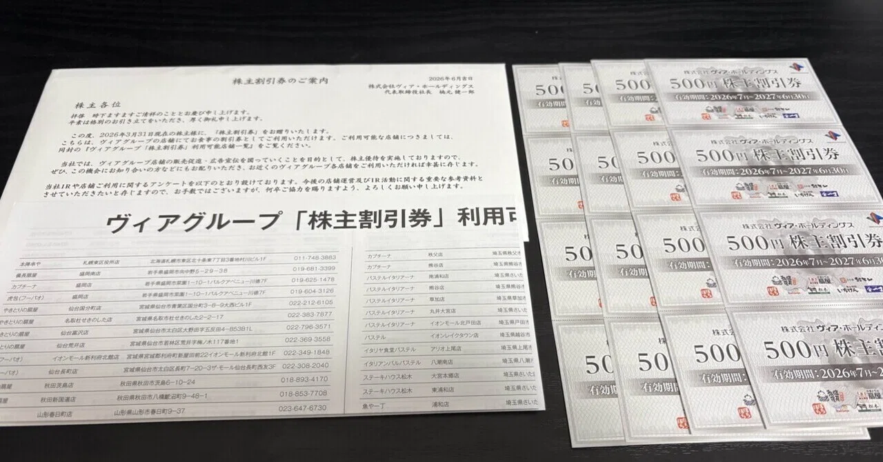 ヴィアホールディングス株主優待20000円分 株主優待】ヴィア・ホールディングスから株主割引券8,000円分が届き