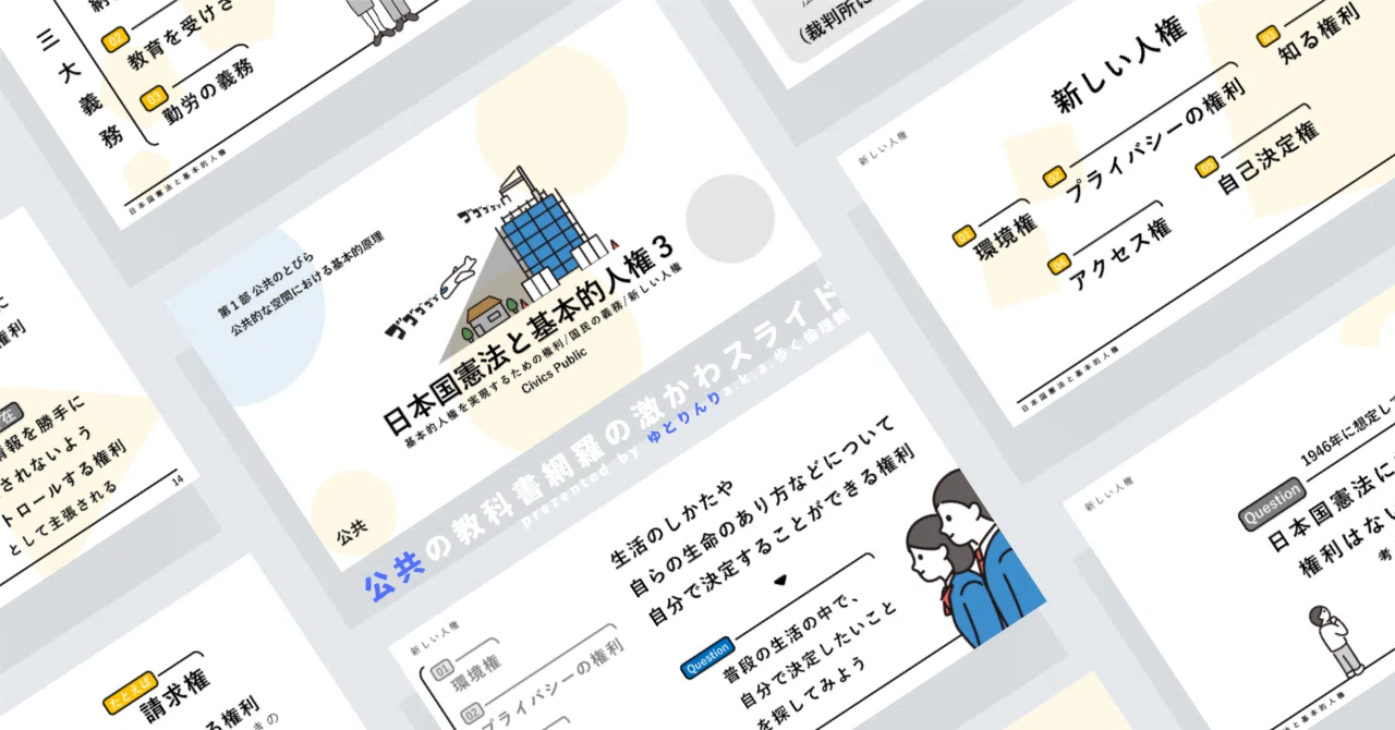 【公共のスライド】「日本国憲法と基本的人権3(新しい人権)」の授業を楽しむための、授業パワポ【指導案】|ゆとりんり