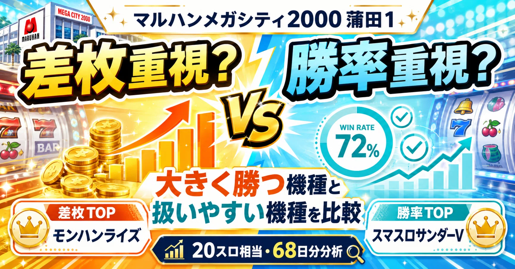 マルハンメガシティ2000 蒲田1は差枚重視？勝率重視？大きく勝つ機種と