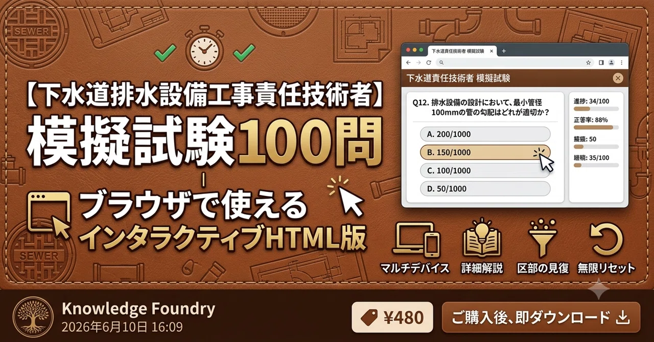 即採点・解説付き】下水道排水設備工事責任技術者 模擬試験100問