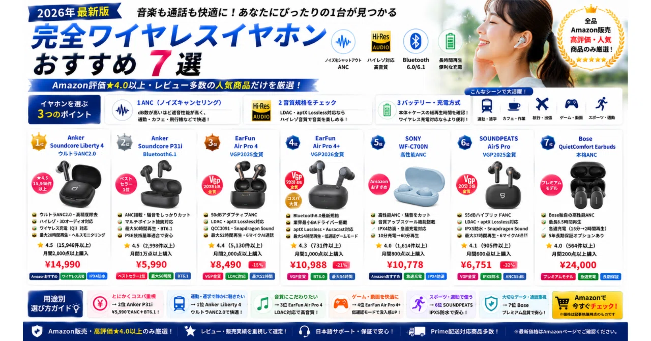 完全ワイヤレスイヤホン おすすめ7選【2026年・ANC・ハイレゾ・コスパ