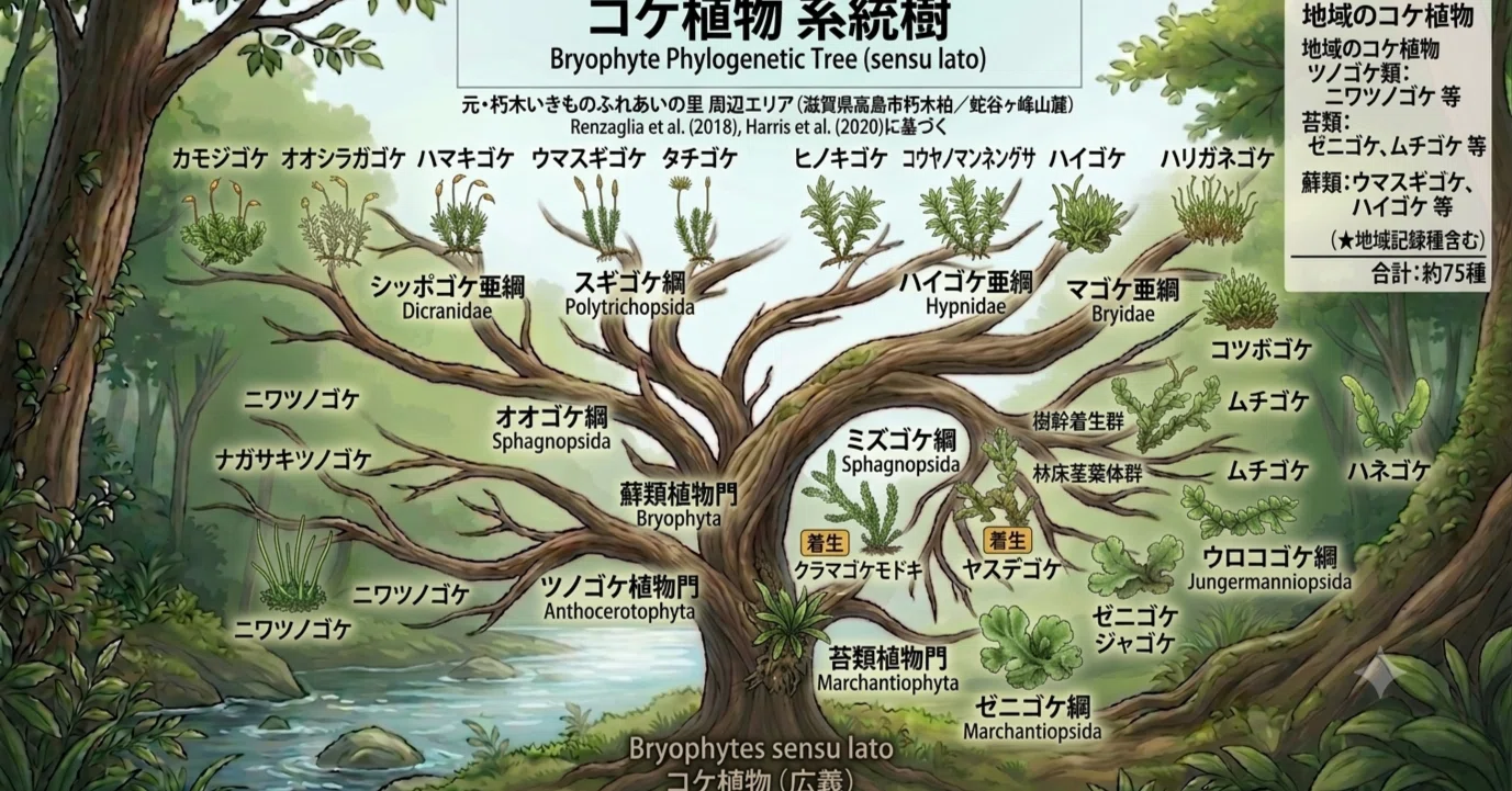 朽木苔 元・朽木いきものふれあいの里 コケ植物系統樹｜platypus2000jp