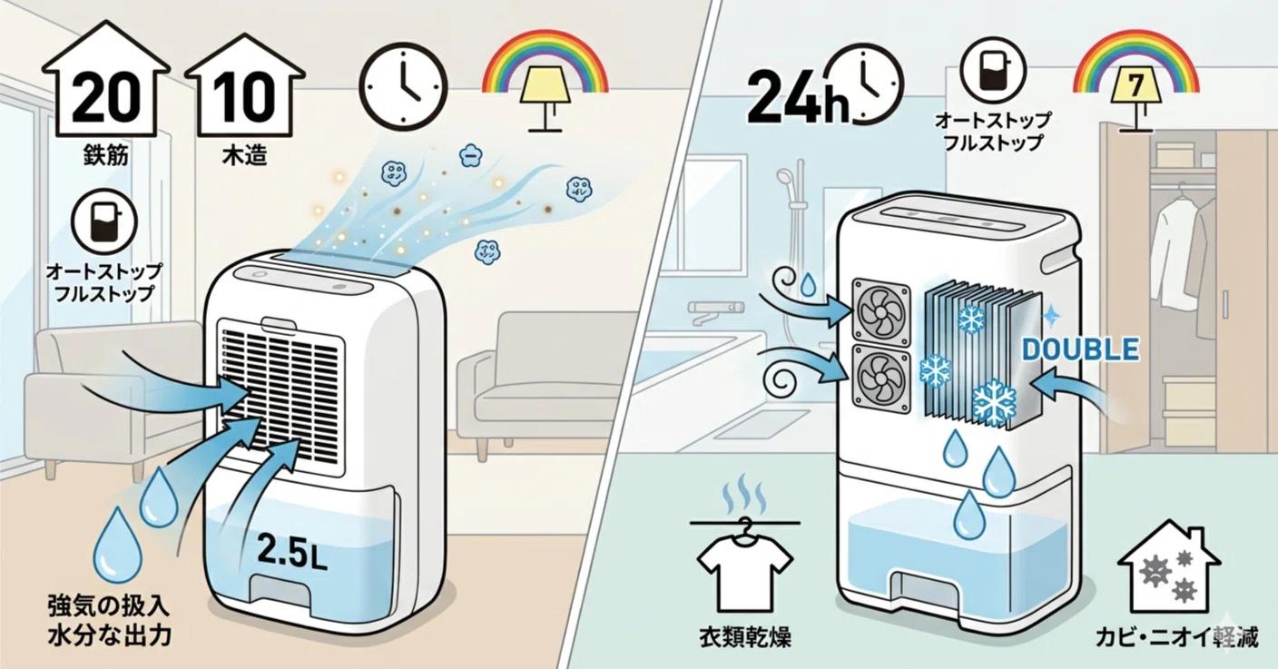 小型除湿機比較】2.5L大容量＆20畳対応の「1L/日モデル」か、ダブル