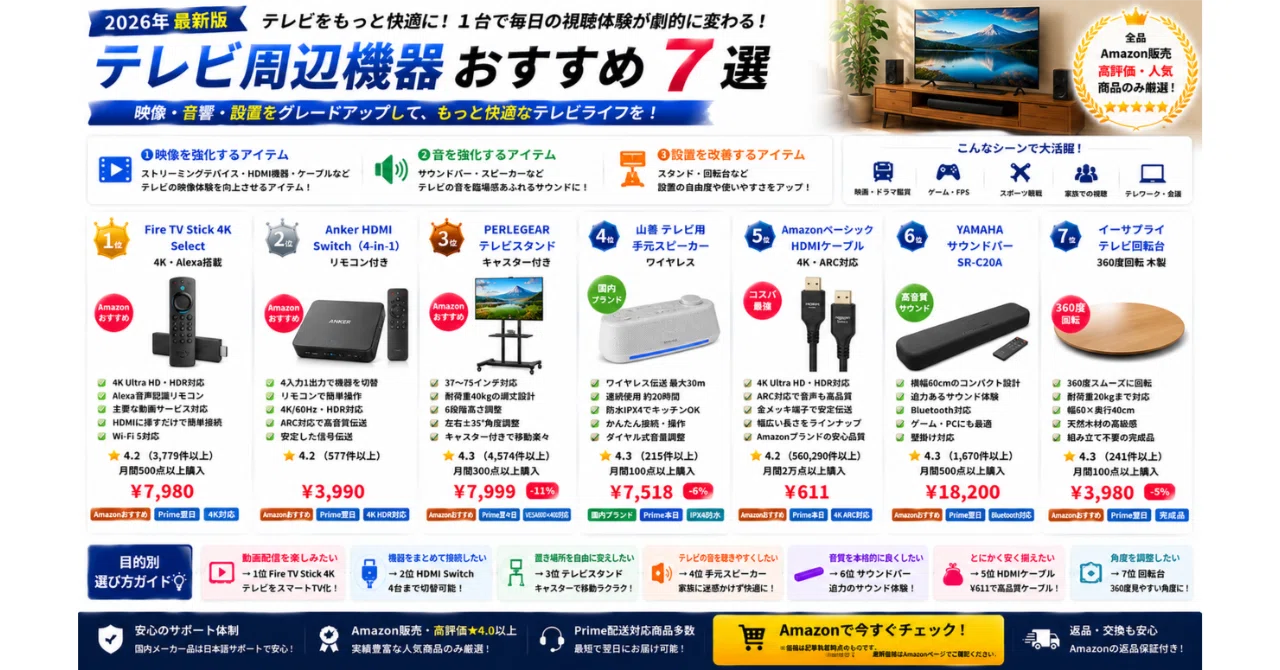 テレビ周辺機器 おすすめ7選【2026年・映像・音響・設置グッズを徹底 
