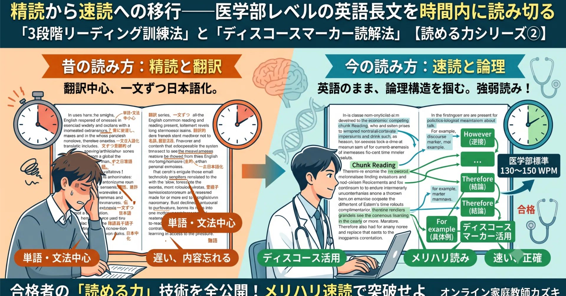 精読から速読への移行——医学部レベルの英語長文を時間内に読み切る「3