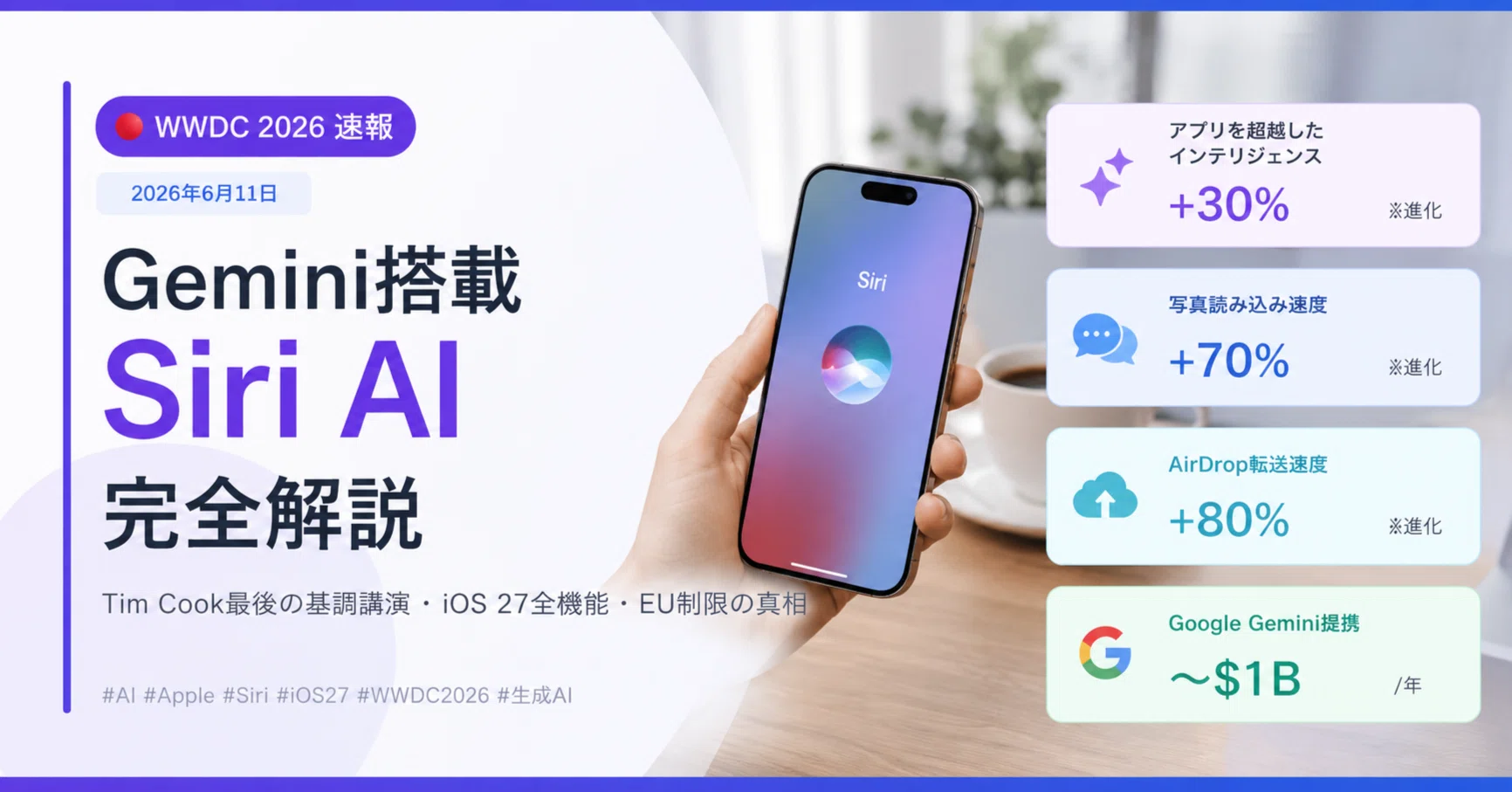 2026年6月WWDC速報】Gemini搭載「Siri AI」完全解説｜Tim Cook最後の 