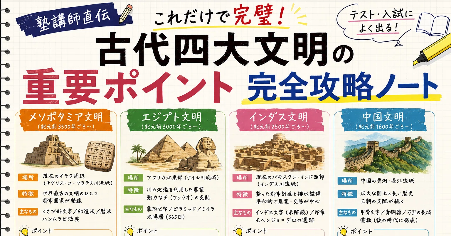 受験対策】かっこれだけで完璧！古代四大文明の「重要ポイント」完全