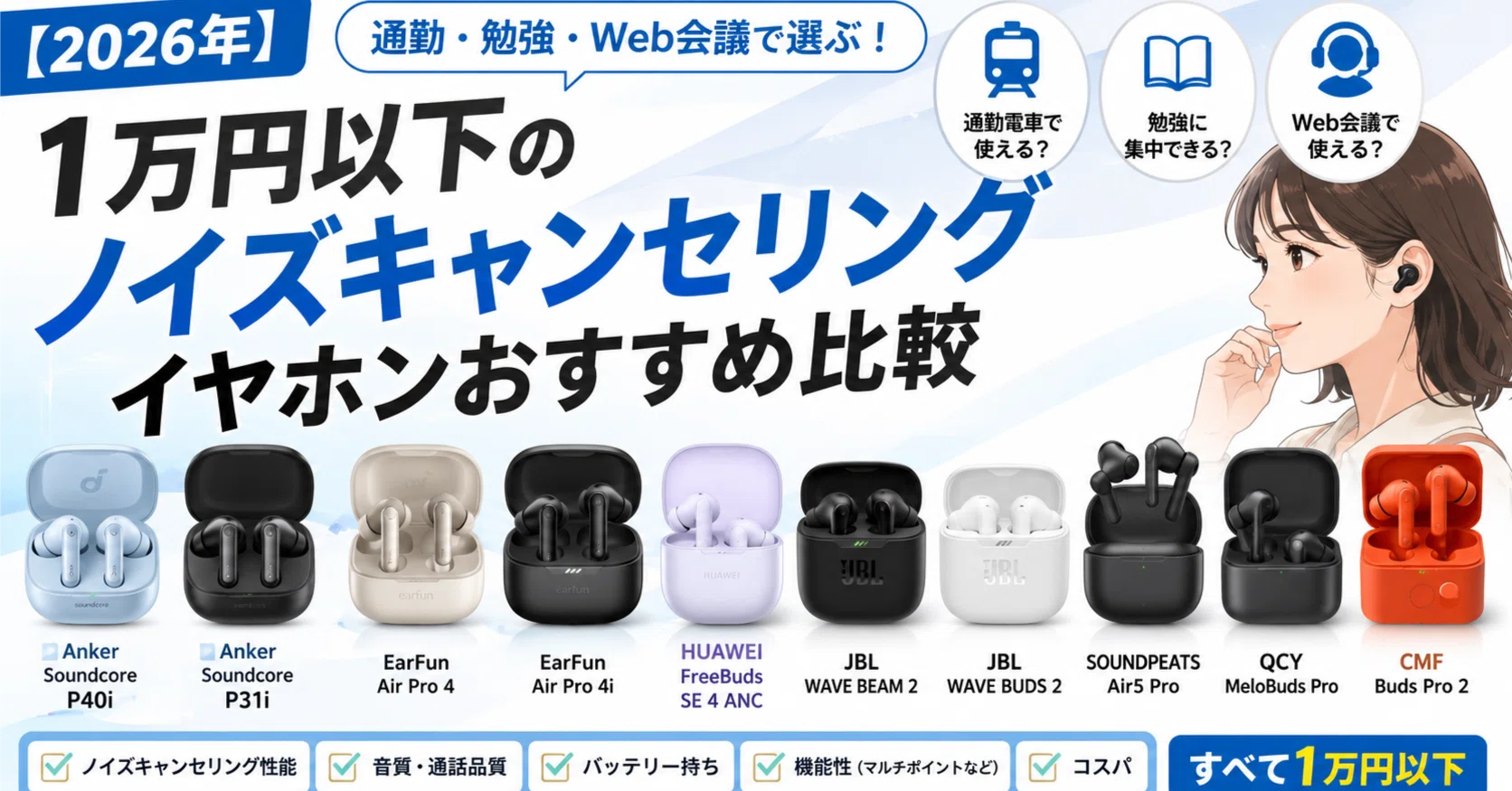 2026年】1万円以下のノイズキャンセリングイヤホンおすすめ｜通勤