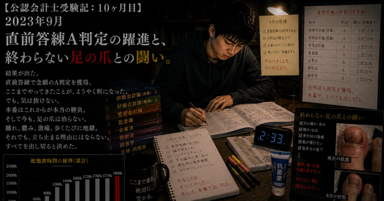 公認会計士受験記：10ヶ月目】2023年9月 直前答練A判定の躍進と 